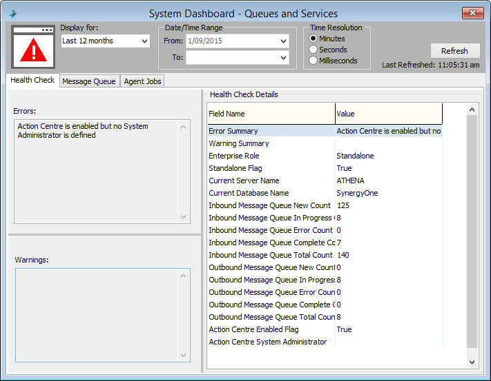 System Dashboard - Queues and Services - Health Check tab
