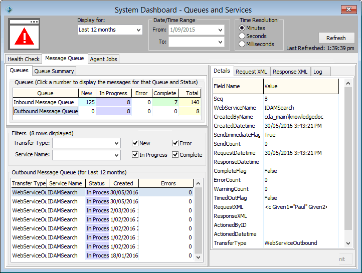 System Dashboard - Queues and Services - Message Queues tab