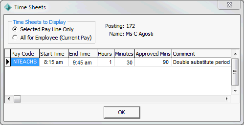 Time Sheets window