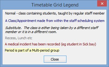 Timetable Grid Legend window