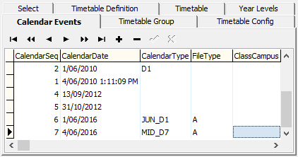 Timetable Maintenance - Calendar Events tab (cut down)
