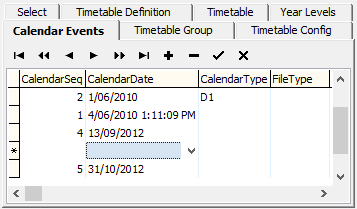 Timetable Maintenance - Calendar Events tab (cut down)