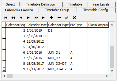 Timetable Maintenance - Calendar Events tab (override timetable definition, cut down)