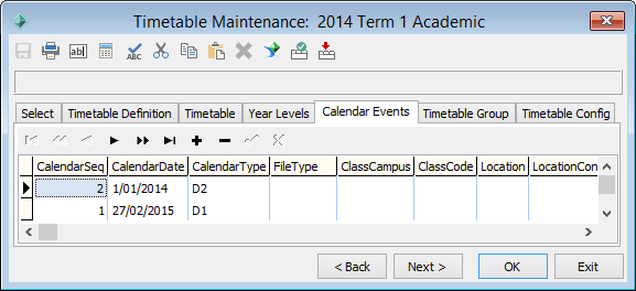 Timetable Maintenance - Calendar Events tab (system maintenance example)