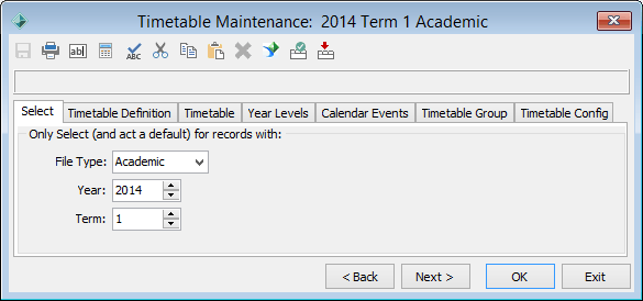 Timetable Maintenance - Select tab