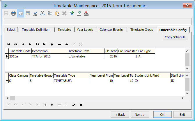 Timetable Maintenance - Timetable Config tab