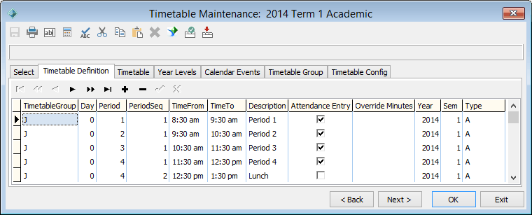 Timetable Maintenance - Timetable Definition tab (system maintenance sample)