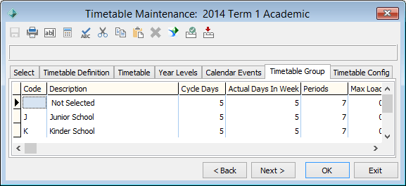 Timetable Maintenance - Timetable Group tab