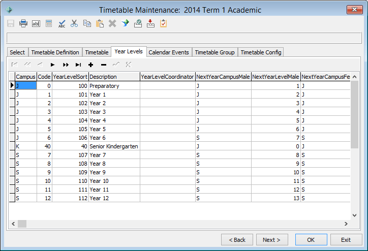 Timetable Maintenance - Year Levels tab