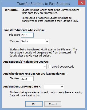 Transfer Students to Past Student window