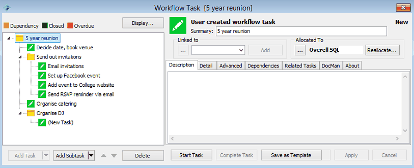 User Task Description tab (existing task)