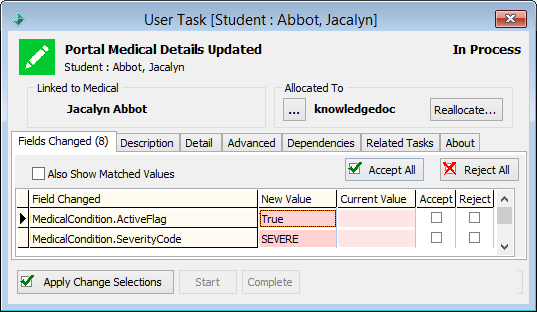 User task window (task opened from medical maintenance)