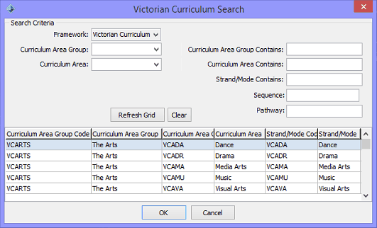 Victorian Curriculum Search window (large)