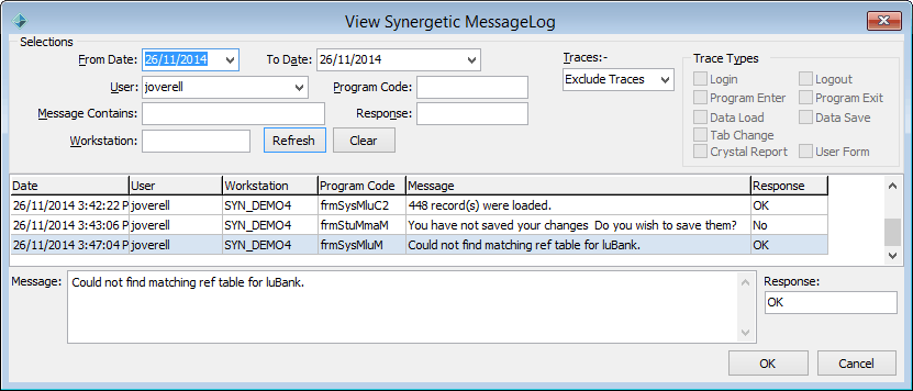 View Synergetic MessageLog