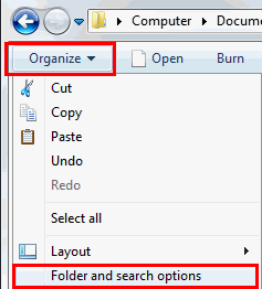 Windows Explorer - Organise - Folder and Search Options
