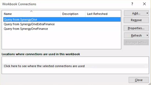 Workbook connections window